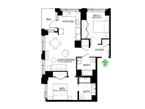 Floor plan for 2 beds, 2 baths, 1019 sqft